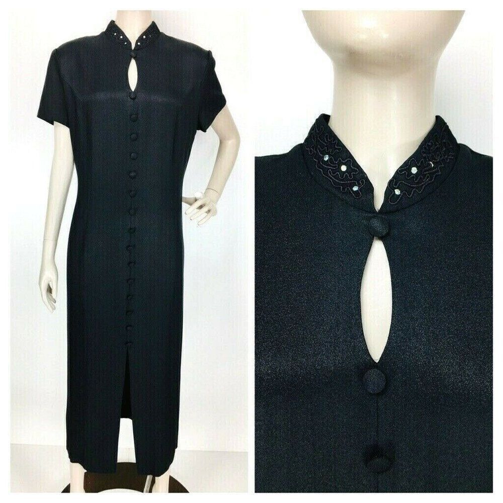 Vintage Black Rhinestone Soutache Keyhole Split Neck Wiggle Button-Down Dress